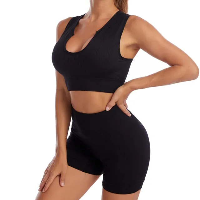 2 Piece Yoga Set Gym Set Workout Seamless Leggings Sports Bra Suit Female Clothing High Waist Shorts Set