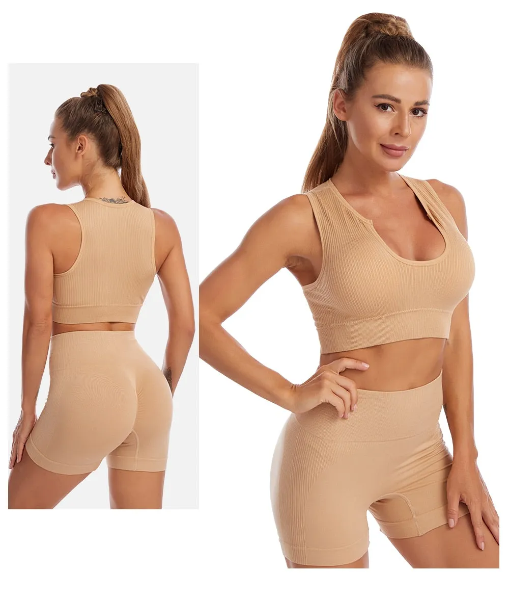 2 Piece Yoga Set Gym Set Workout Seamless Leggings Sports Bra Suit Female Clothing High Waist Shorts Set