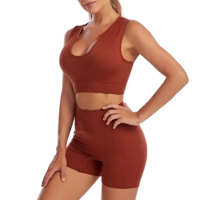 2 Piece Yoga Set Gym Set Workout Seamless Leggings Sports Bra Suit Female Clothing High Waist Shorts Set