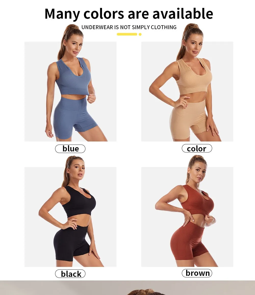 2 Piece Yoga Set Gym Set Workout Seamless Leggings Sports Bra Suit Female Clothing High Waist Shorts Set