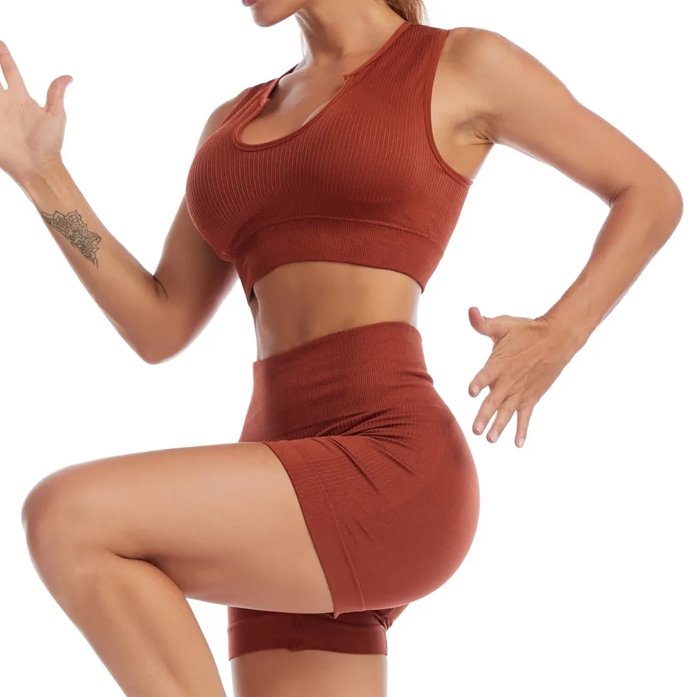 2 Piece Yoga Set Gym Set Workout Seamless Leggings Sports Bra Suit Female Clothing High Waist Shorts Set