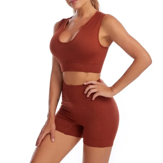 2 Piece Yoga Set Gym Set Workout Seamless Leggings Sports Bra Suit Female Clothing High Waist Shorts Set