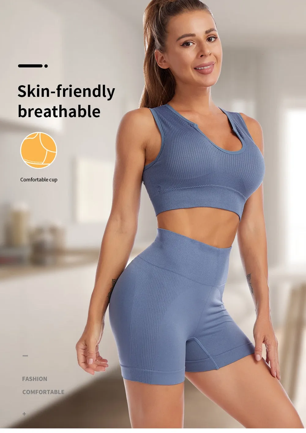 2 Piece Yoga Set Gym Set Workout Seamless Leggings Sports Bra Suit Female Clothing High Waist Shorts Set