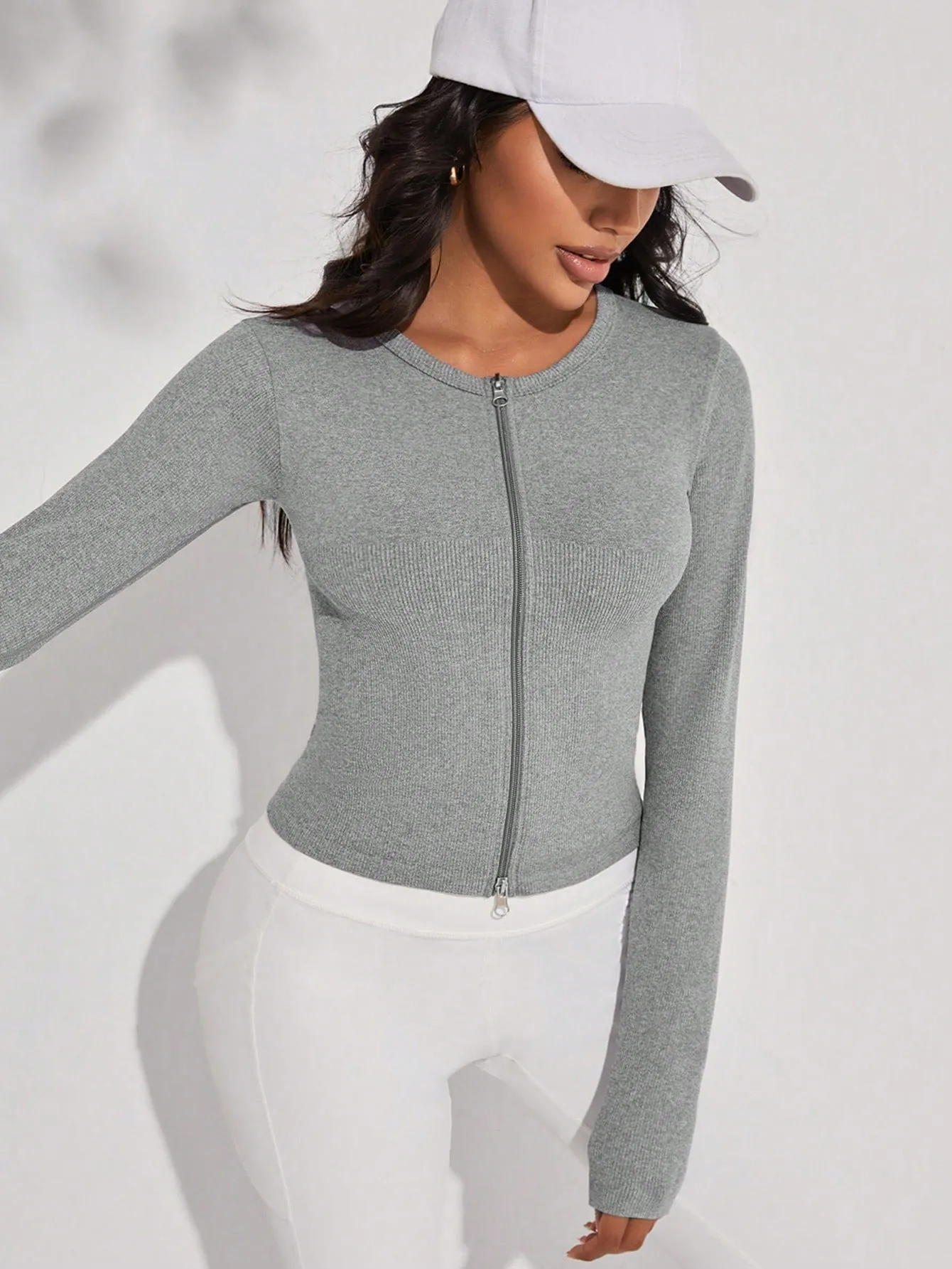Grey Round Neck Zip Up Solid Sports Jacket