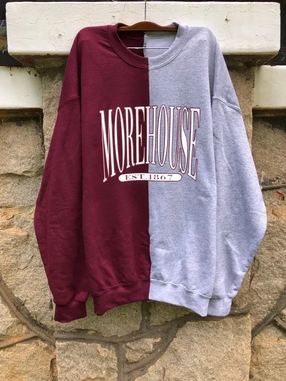 Handmade Morehouse 1867 Maroon and Sports Grey Half and Half Crew Neck Sweatshirt