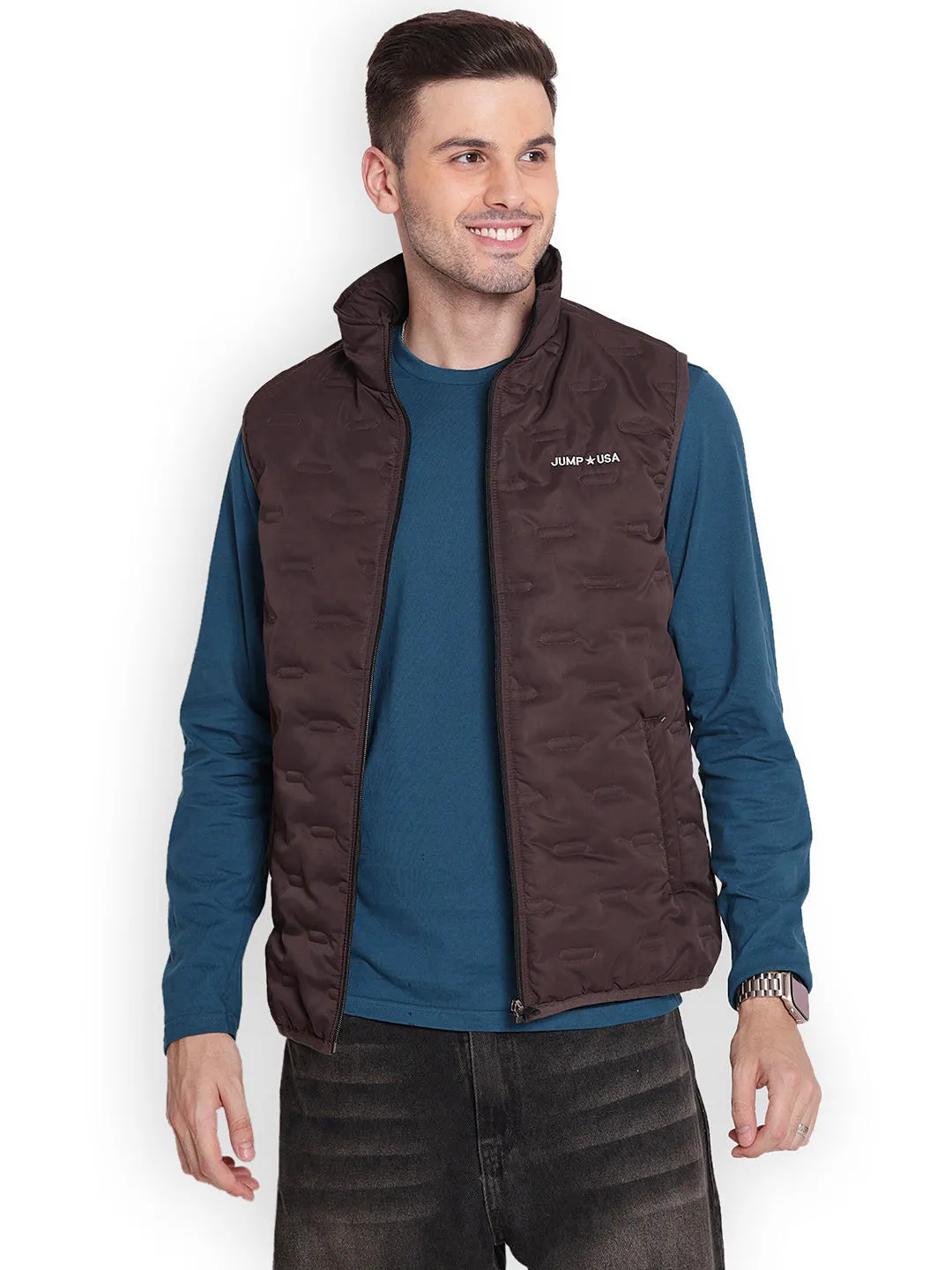 JUMP USA Men Ch.brownRapid-Dry Solid Sleeveless Sporty Jackets