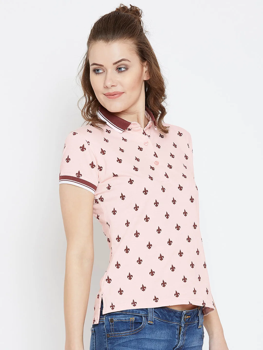 JUMP USA Women Pink Printed Polo Collar T-Shirt