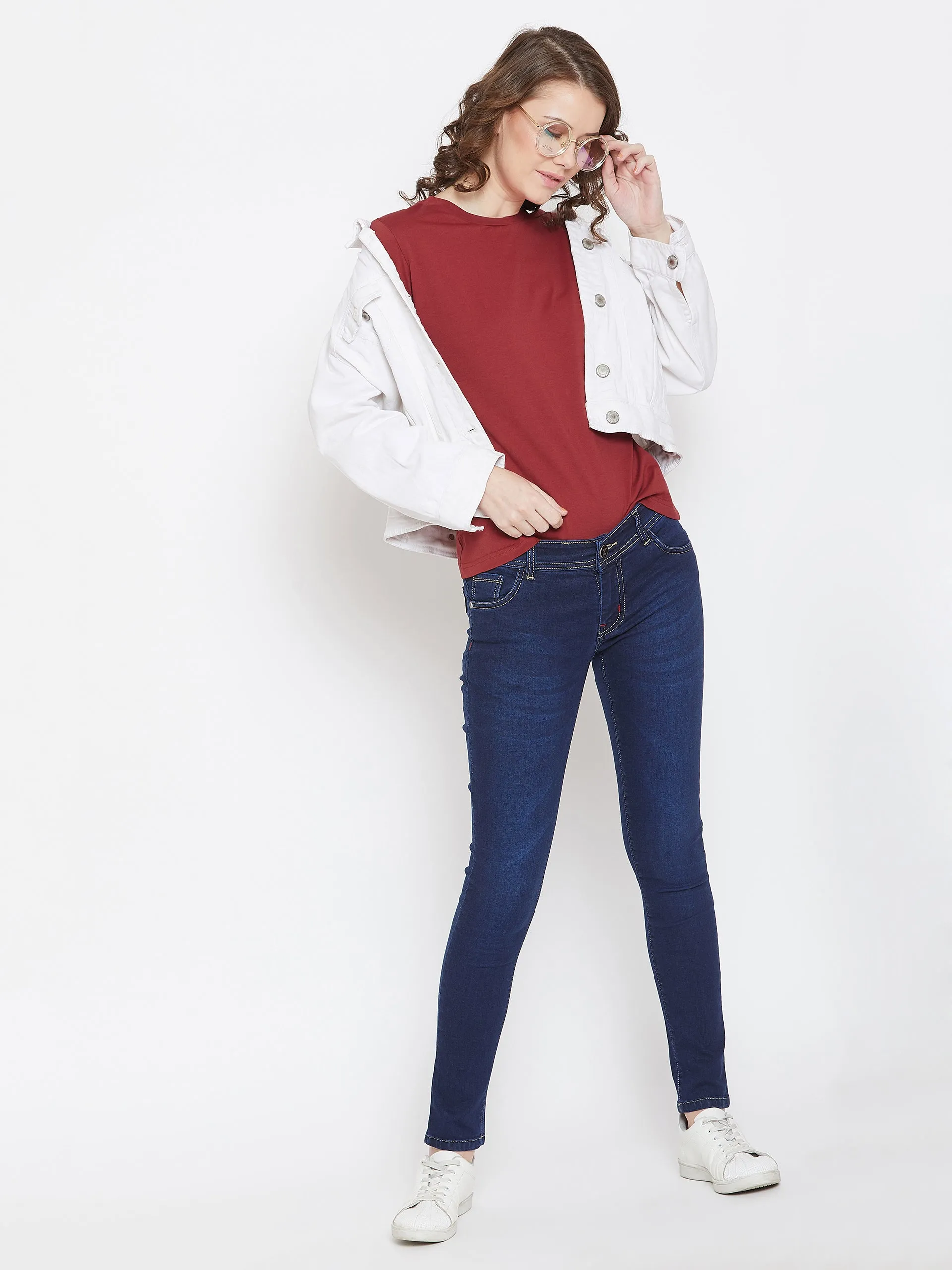 JUMP USA Women Red Cotton Solid Round Neck T-Shirt