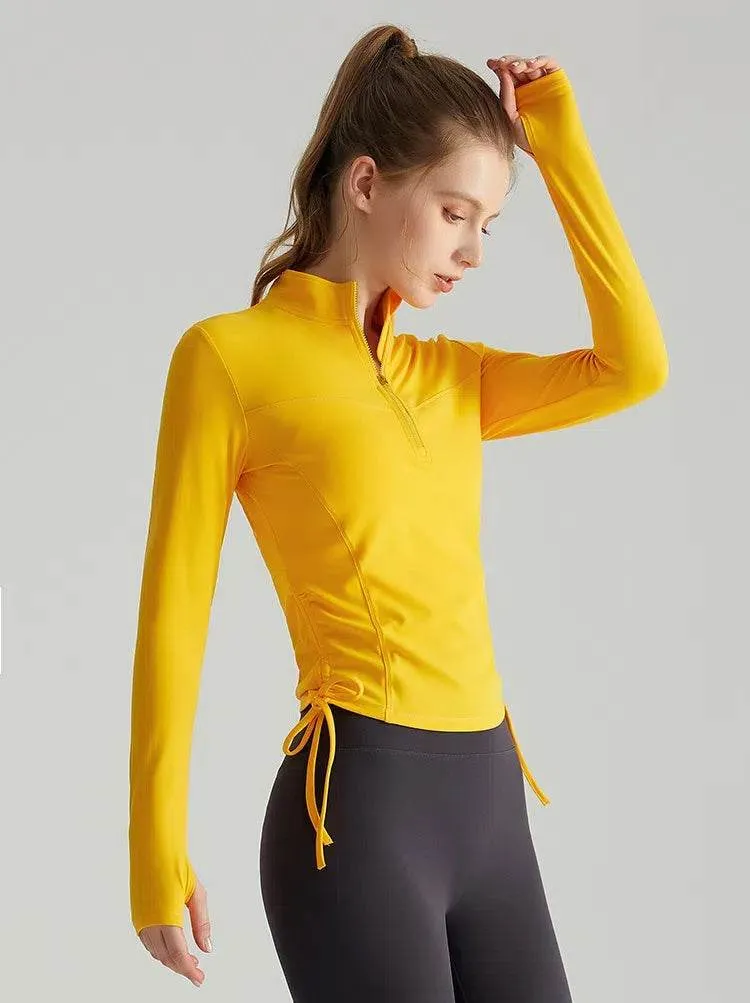 Long Sleeve Standing Collar Fitness T-Shirt With Drawstring