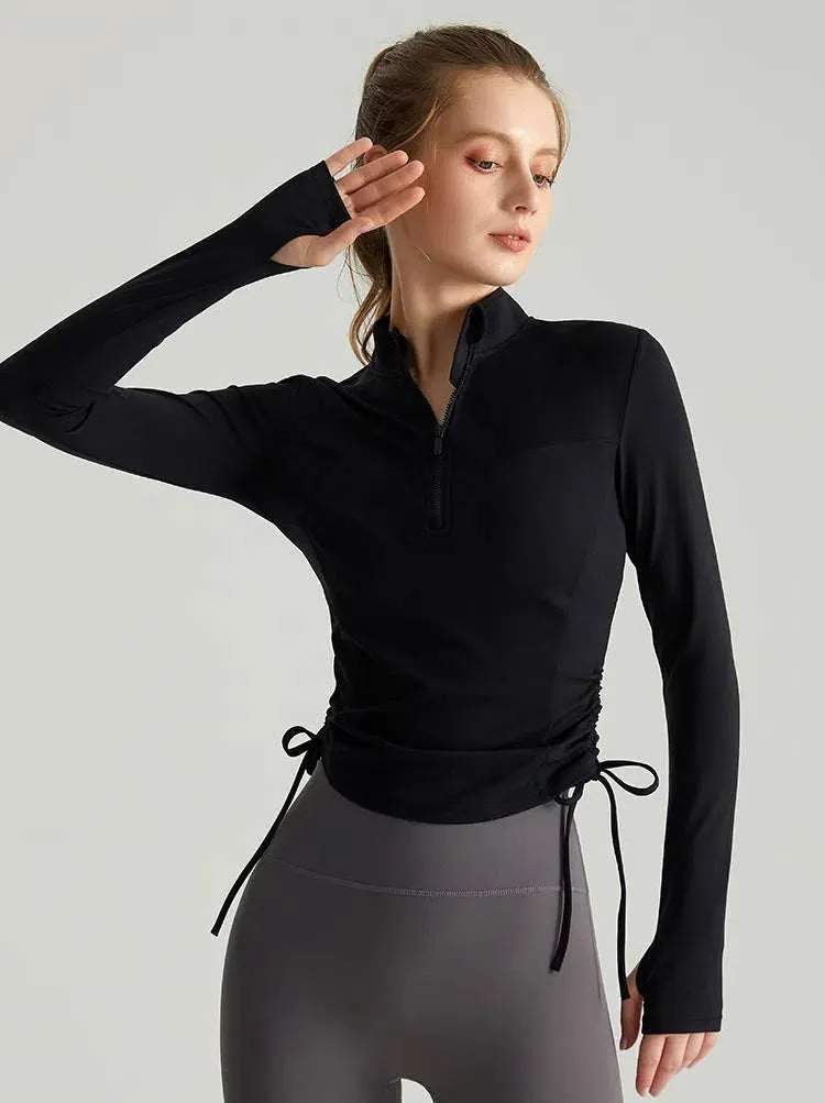 Long Sleeve Standing Collar Fitness T-Shirt With Drawstring