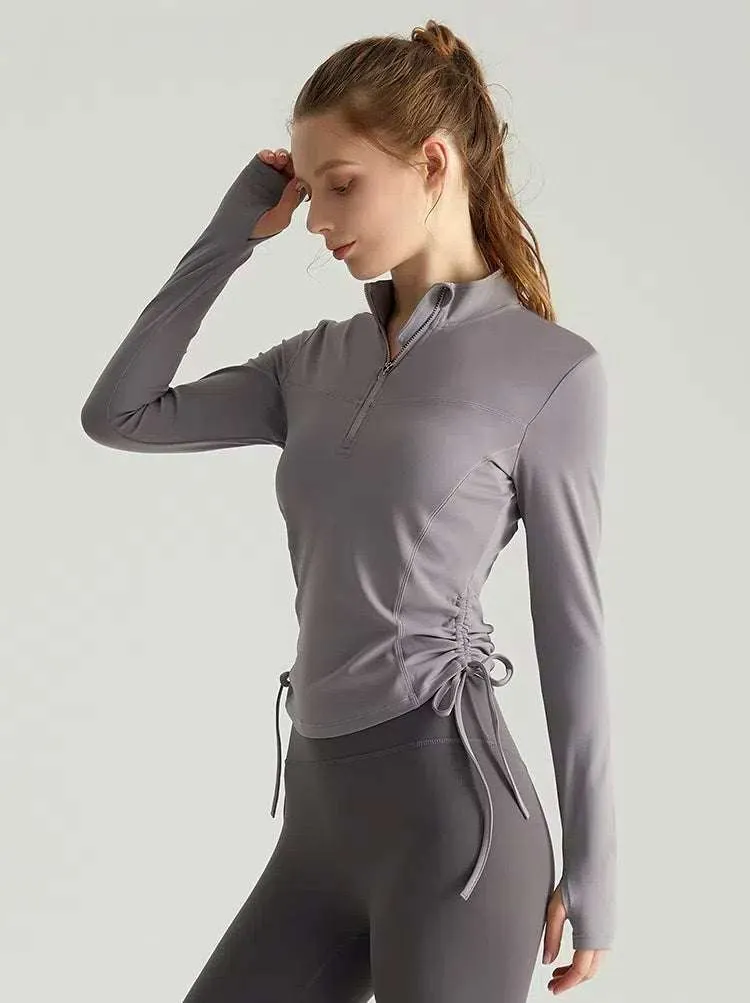 Long Sleeve Standing Collar Fitness T-Shirt With Drawstring