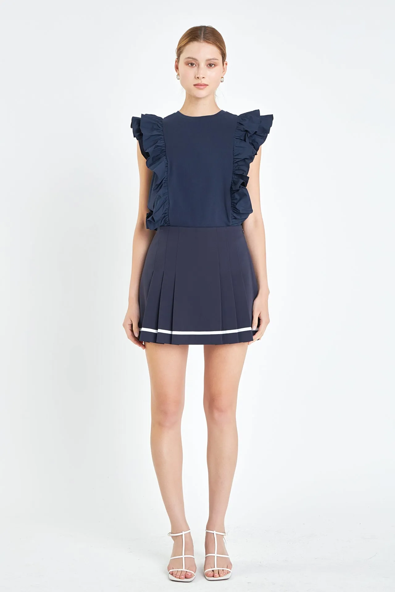 Pleated Contrast Mid Rise Skorts