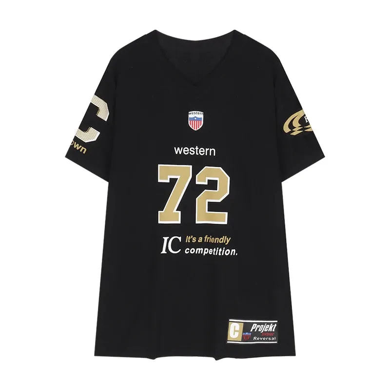 TAVIMART  -  Y2K Sports Letter Graphic T Shirts Contrast V-neck Loose Football Tops for Women American Retro Streetwear Casual Tees
