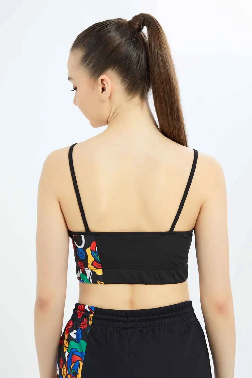 Women Black Strappy Printed Sports Bra